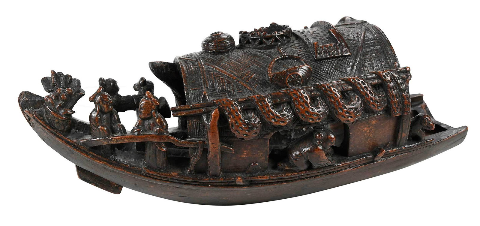 Chinese Carved Wood Boat: Qing dynasty, in the form of a covered boat with figures, animals, and cargo carved in relief and in the round, hollow interior, 6 x 14-1/2 x 5 in. Provenance: Private Collection