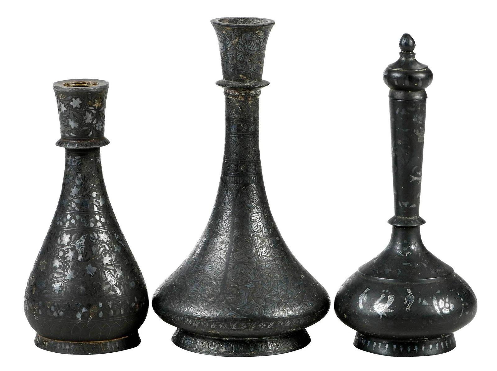 Three Indo Persian Patinated Bronze Inlaid Bottle Vases (1 of 8)