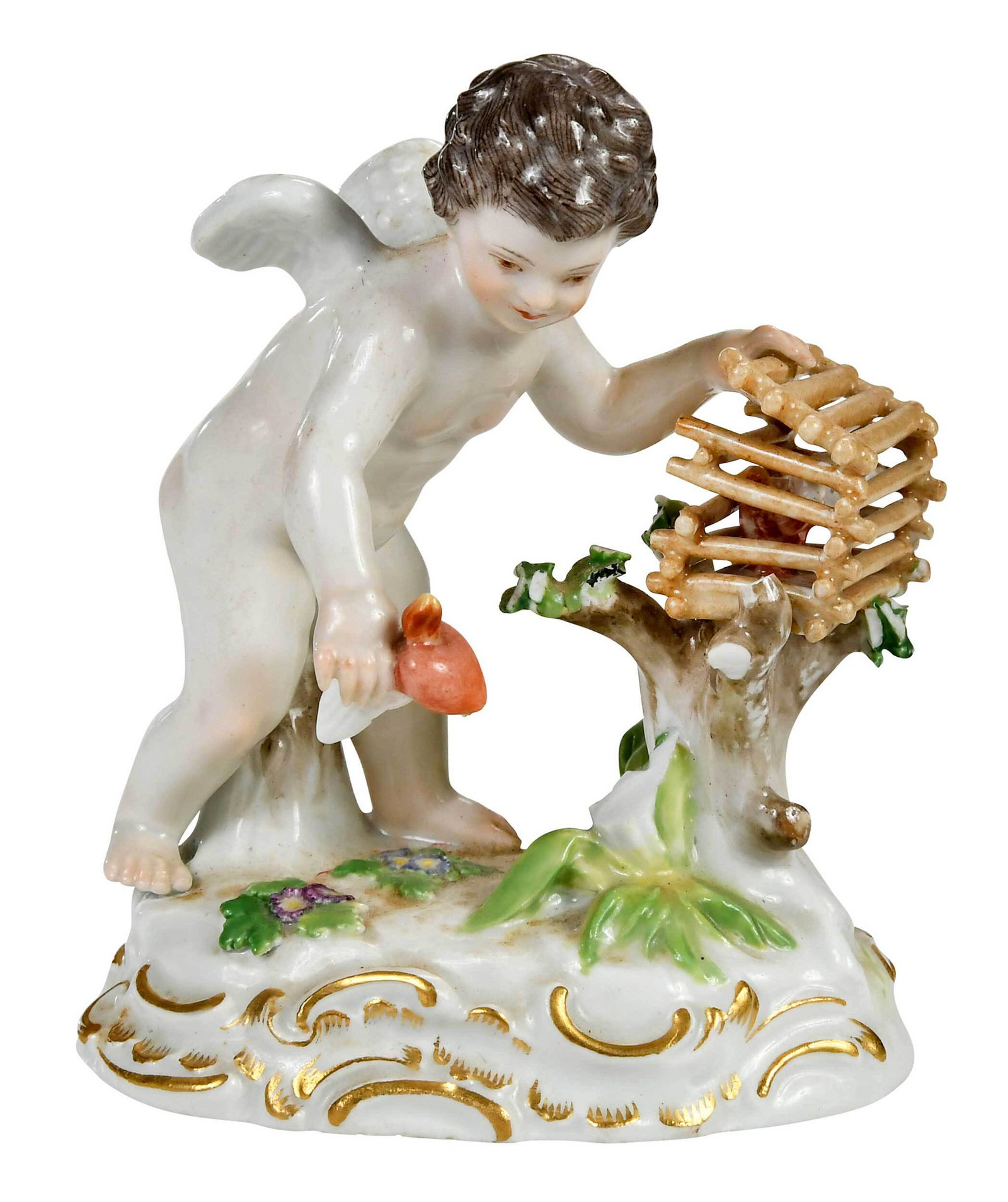 Meissen Porcelain Figure: depicting a putto holding a bird, while lifting the birdcage top, naturalistic base, gilt painted highlights, crossed swords mark in underglaze blue to base, 4-1/2 in. Provenance: Private Collection, 