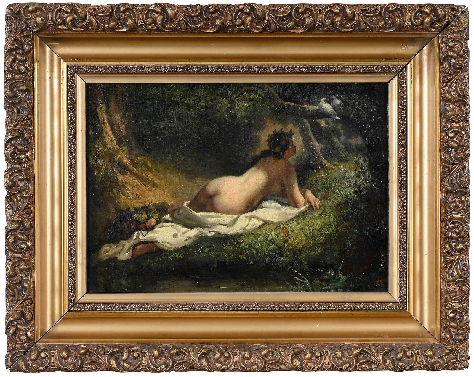 Continental School Landscape Painting with Nude: (early 20th century) with two doves on a branch, unsigned, oil on canvas, sight 9-1/4 x 13-1/4 in.; gilt wood and composition frame, 16 x 20 in. Provenance: Property of a Georgia Institution