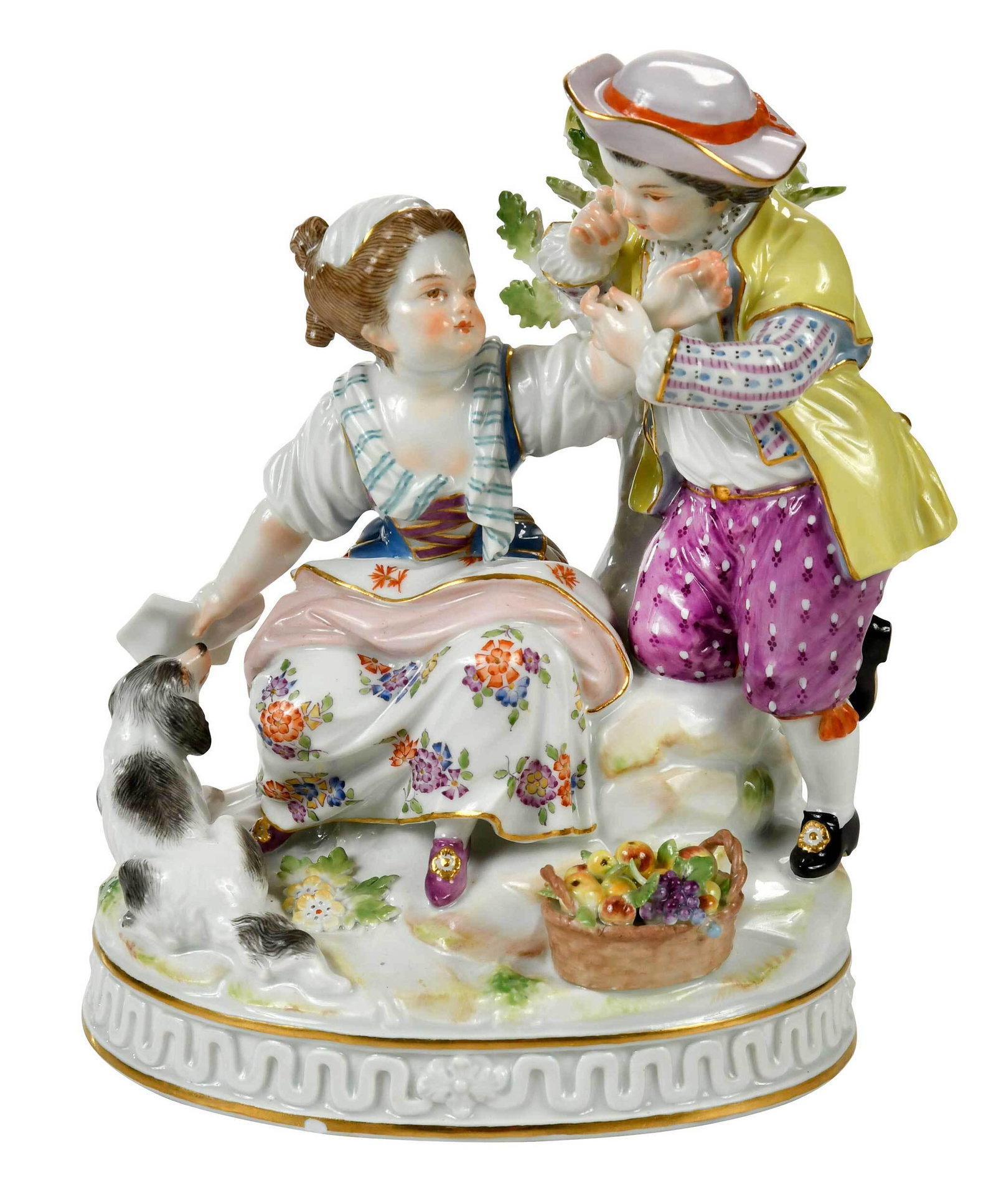 Meissen Porcelain Figural Group: 19th century, "Summer", figural group depicting a lady with a book and dog, a basket of fruit at her feet, and a gentleman in hat, oval base; crossed swords mark in underglaze blue to base, 6-1/2 in. 