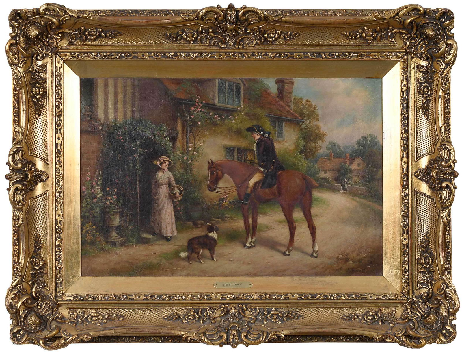 Singleton Jowett Genre Painting: (British 19th century) Young Couple Chatting in a Lane, signed lower right "S. Jowett", 16 x 23-1/2 in.; gilt wood and composition frame 26 x 34 in. Provenance: Private Collection, Charlotte, North Ca