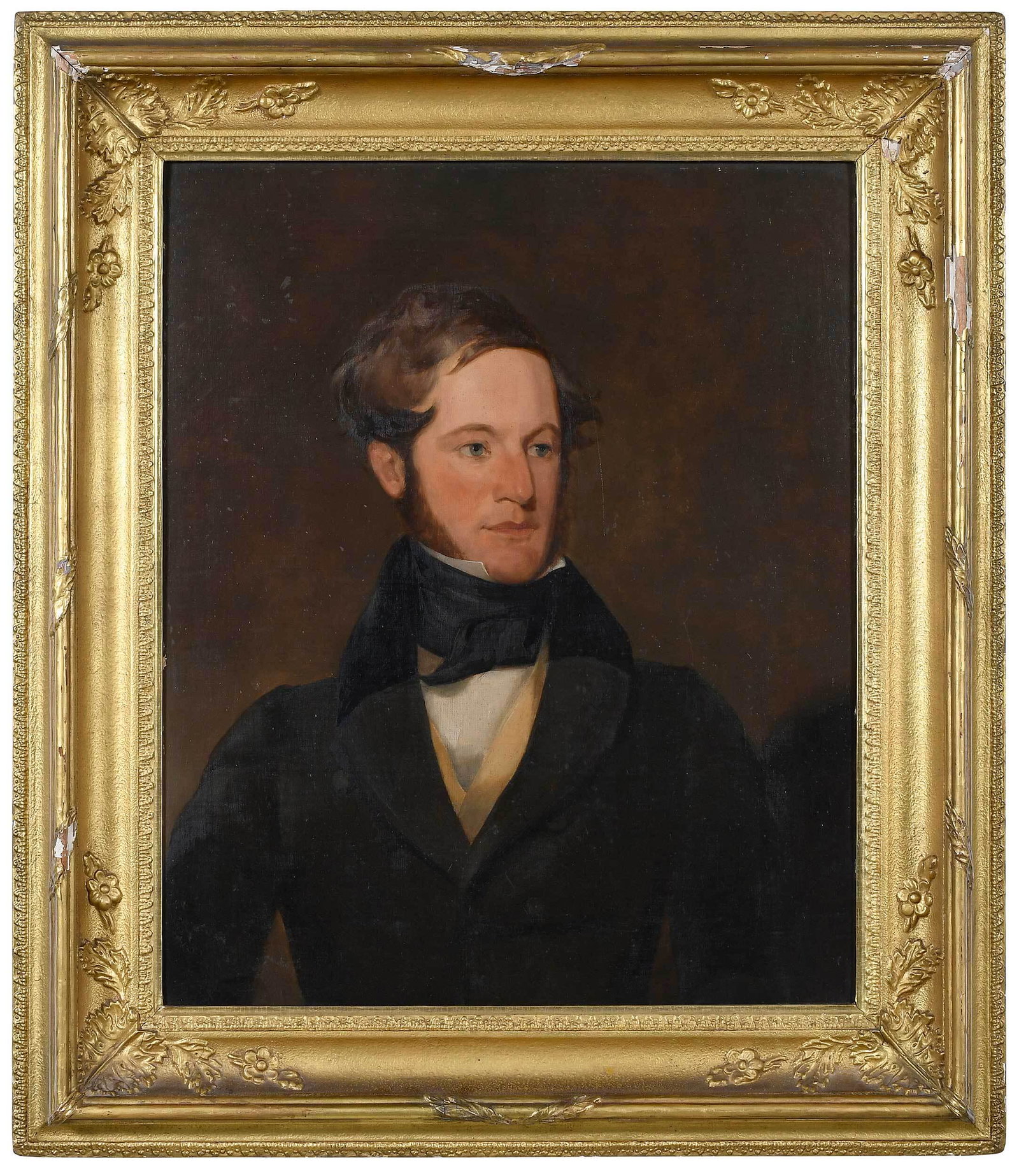 Man with a Cravat: (American School, 19th century) Portrait of a Man with a Cravat, unsigned, oil on board, sight 29-1/4 x 24 in.; gilt wood frame 39-3/4 x 34-3/4 in.