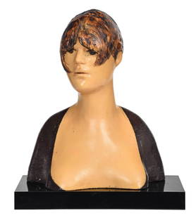 Frank Gallo Painted Cast Polyester Bust: (American, 1933-2019) Phoebe, 1966, not apparently signed, paint decorated cast polyester, 22 x 19 x 12 in. Note: Accompanied by copy of letter of authentication from artist Frank Gallo dated 1982 and