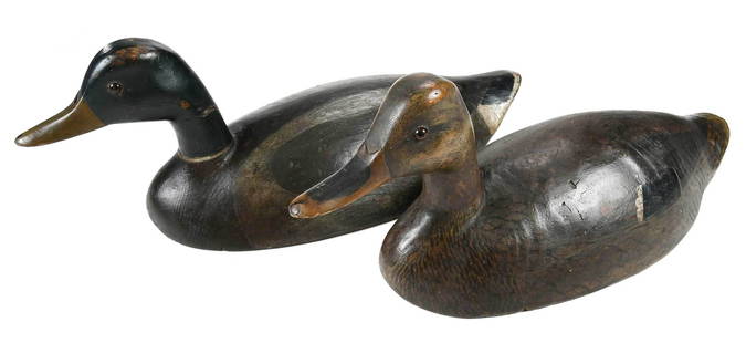 Pair of Billy Ellis Duck Decoys: American, 20th century, unsigned, two mallards, carved and painted bodies with glass eyes, flat bottoms, 7 x 19-1/2 x 7-1/4 in. Provenance: John Collier, Maryland; Private CollectionPrivate Collection