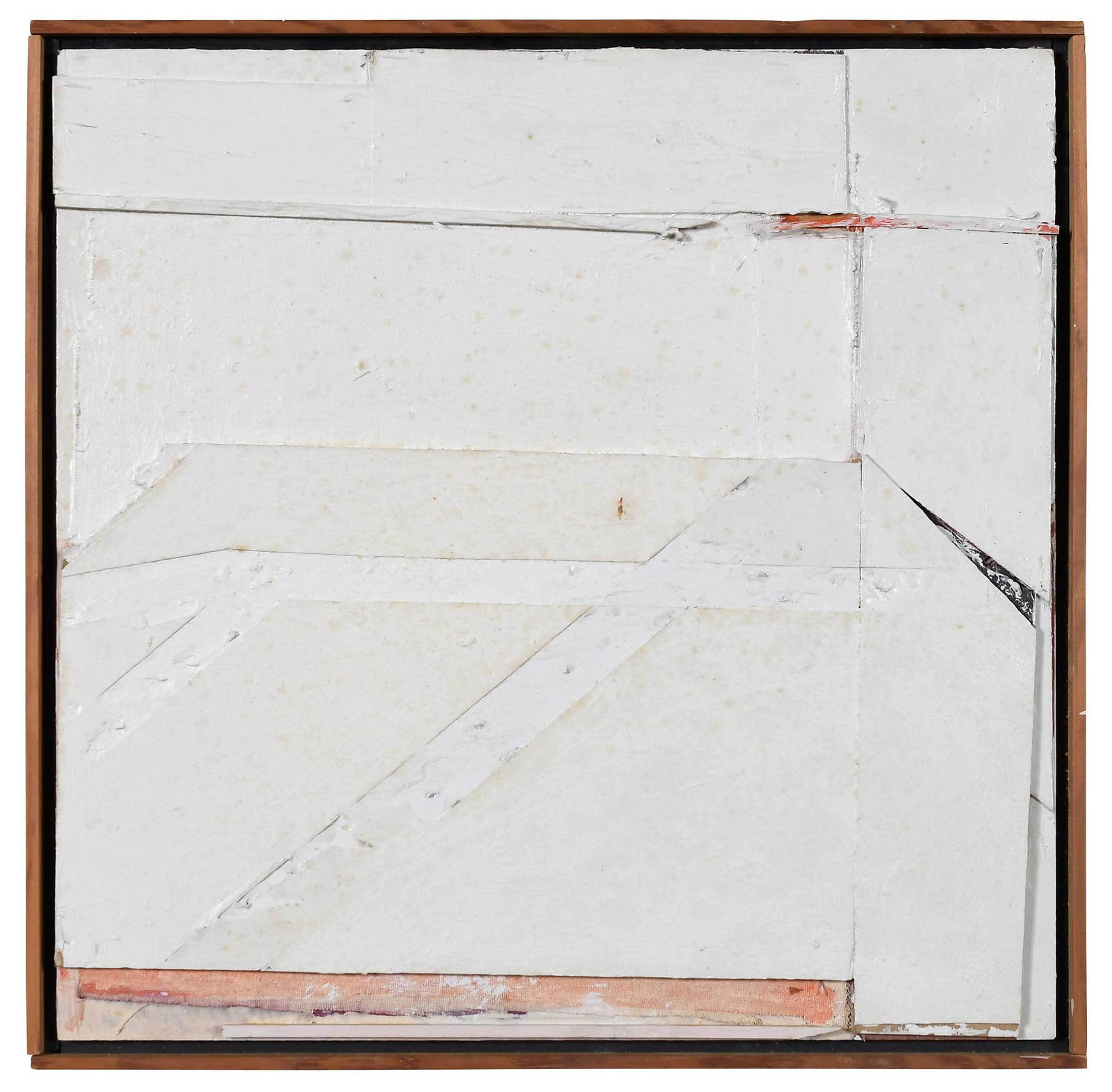 A Dimensional Collage: (American, 20th Century) Unknown, unsigned, oil on wood/canvas, 16-1/2 x 16-5/8 in.; wood frame, 17-1/2 x 17-1/2 in. Provenance: Property sold to benefit the American Folk Art Museum