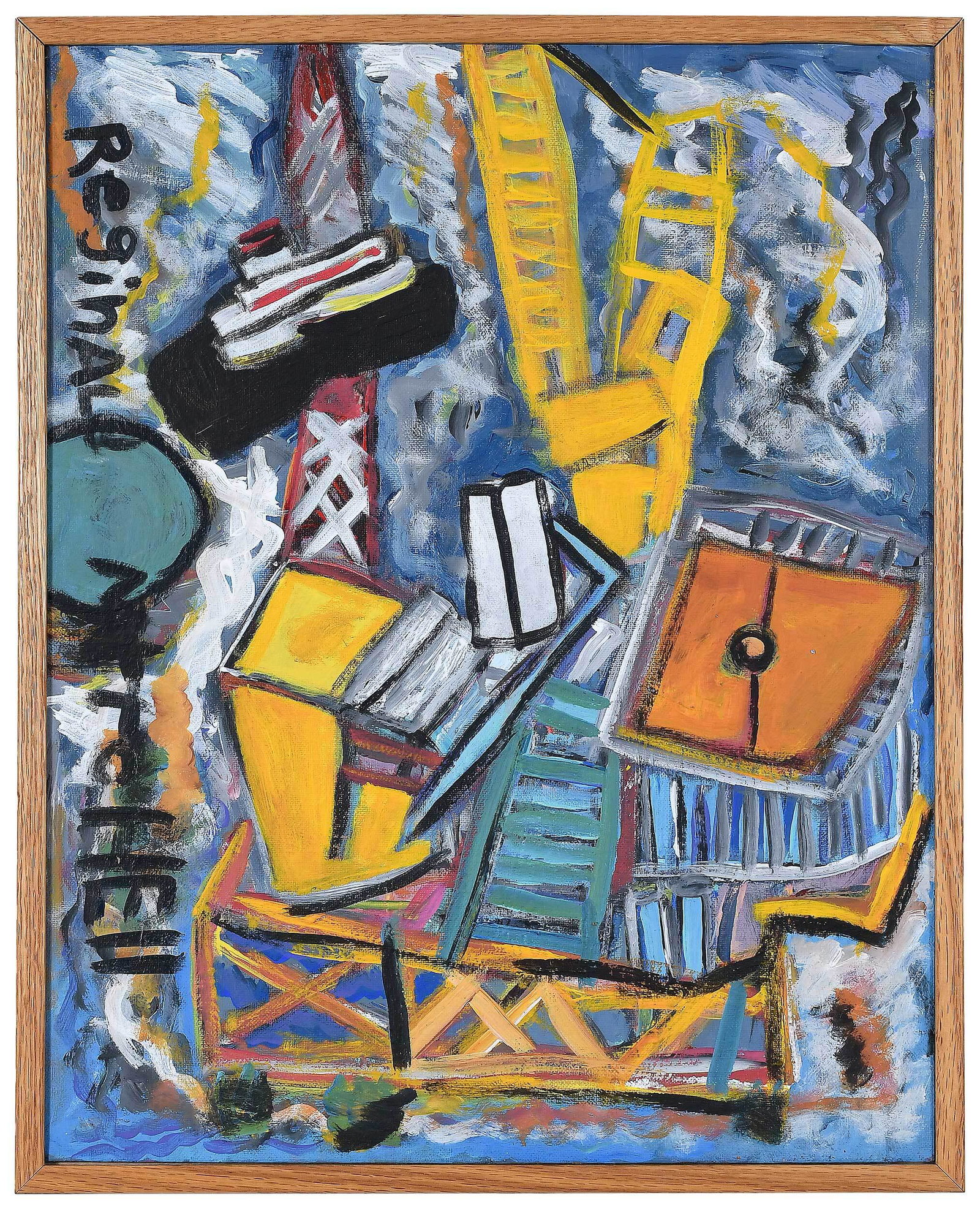 Reginald M. Mitchell: (American/Louisiana, born 1959) Construction, signed at bottom "Reginald Mitchell", oil on panel, 16 x 20 in.; wood frame, 17 x 21 in. Provenance: Property sold to benefit the American Folk Art Museum