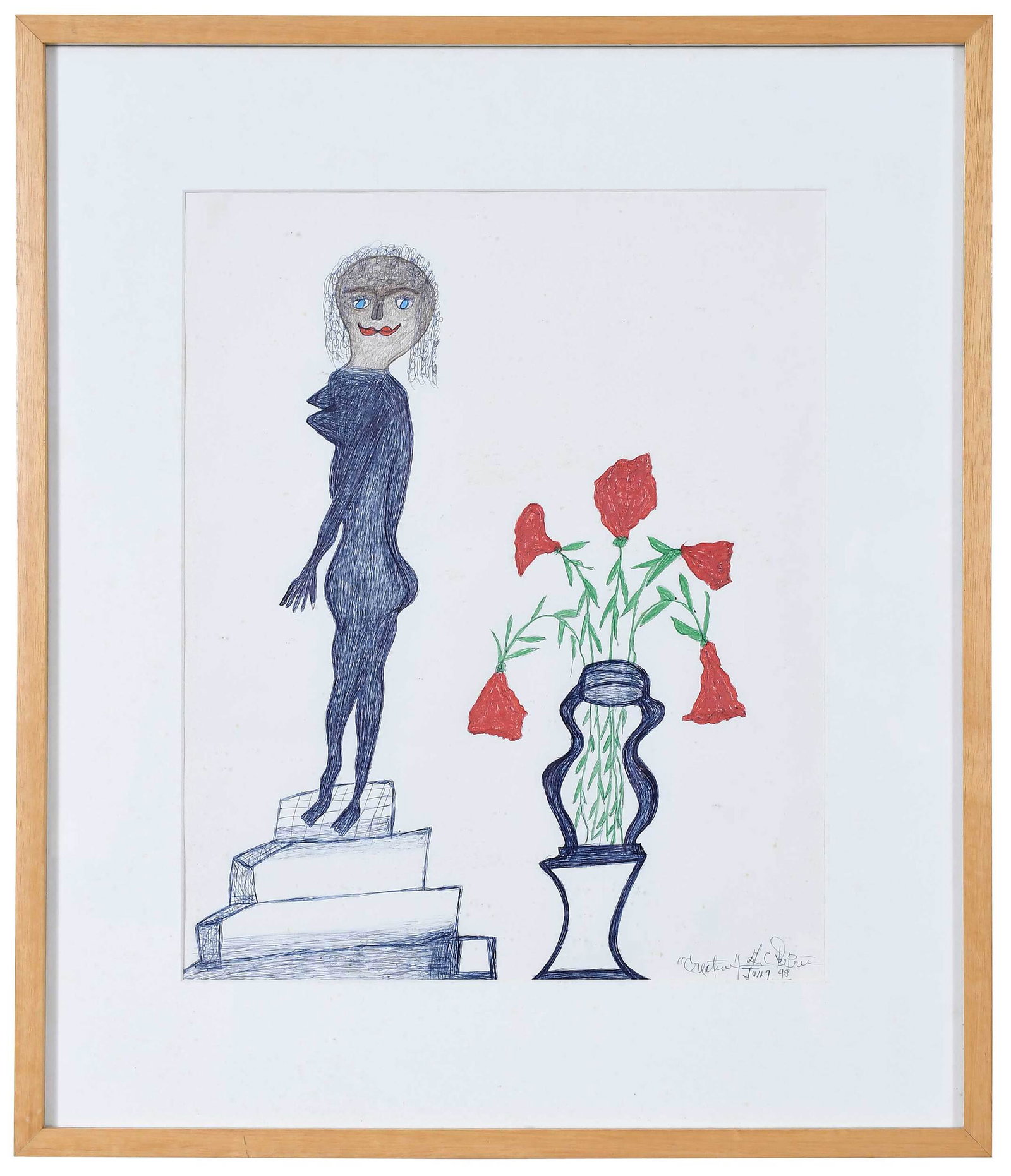 Gerald "Creative" De Prie: (American/West Virginia, 1935-1999) Nude with Flowers, 1998, signed lower left "Creative G C DePrie", crayon and pen on paper, sight, 16-3/4 x 13-5/8 in.; wood frame, 24 x 20-7/8 in. Provenance: Prope