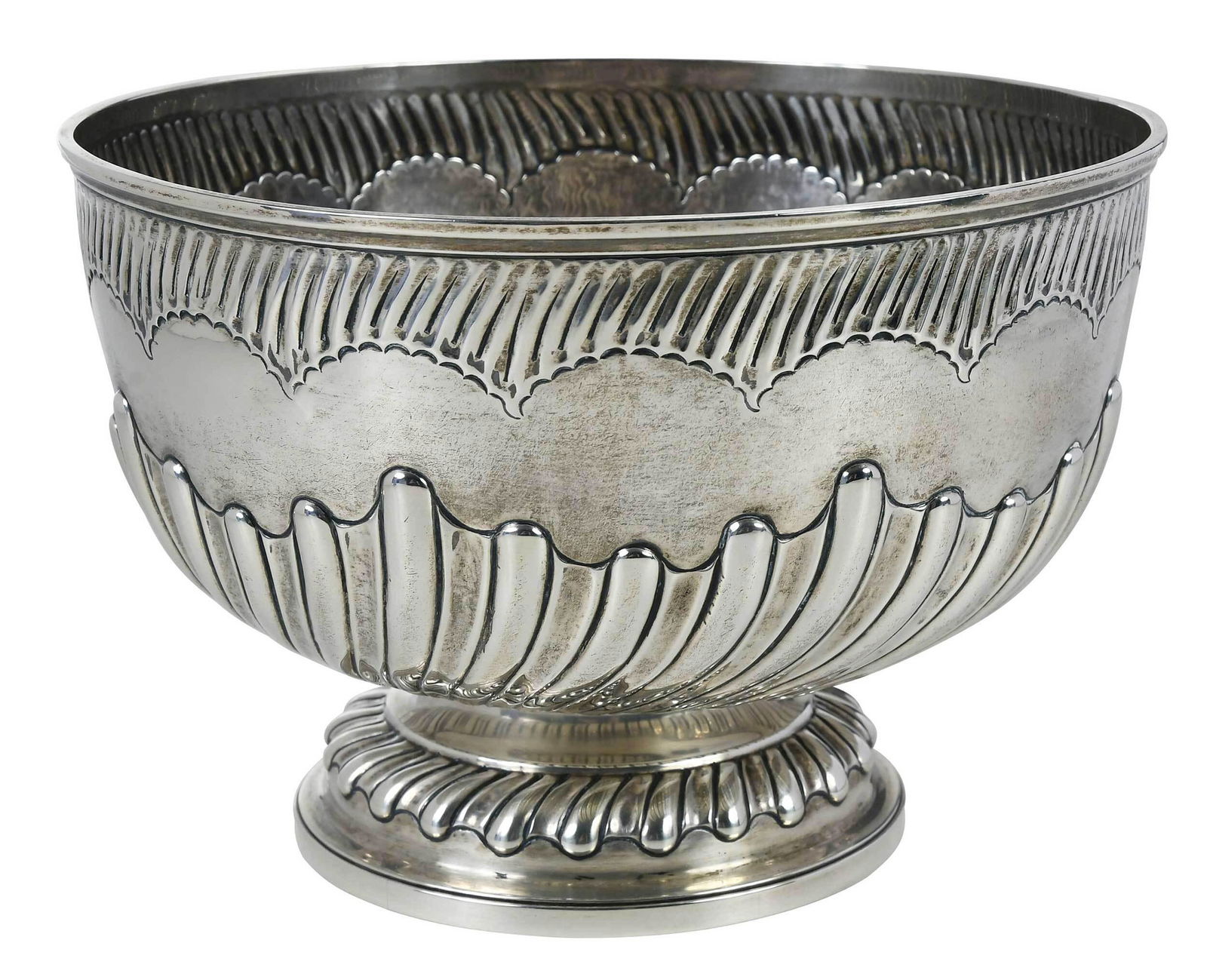 English Silver Footed Bowl: London, 1891, swirled gadroon decoration, no monogram, marks for Charles Stuart Harris, .925 fine, 18.43 oz. T., 5-3/4 x 8-3/8 in. Provenance: Collection of the Art Fund, Inc. at the Birmingham Museum