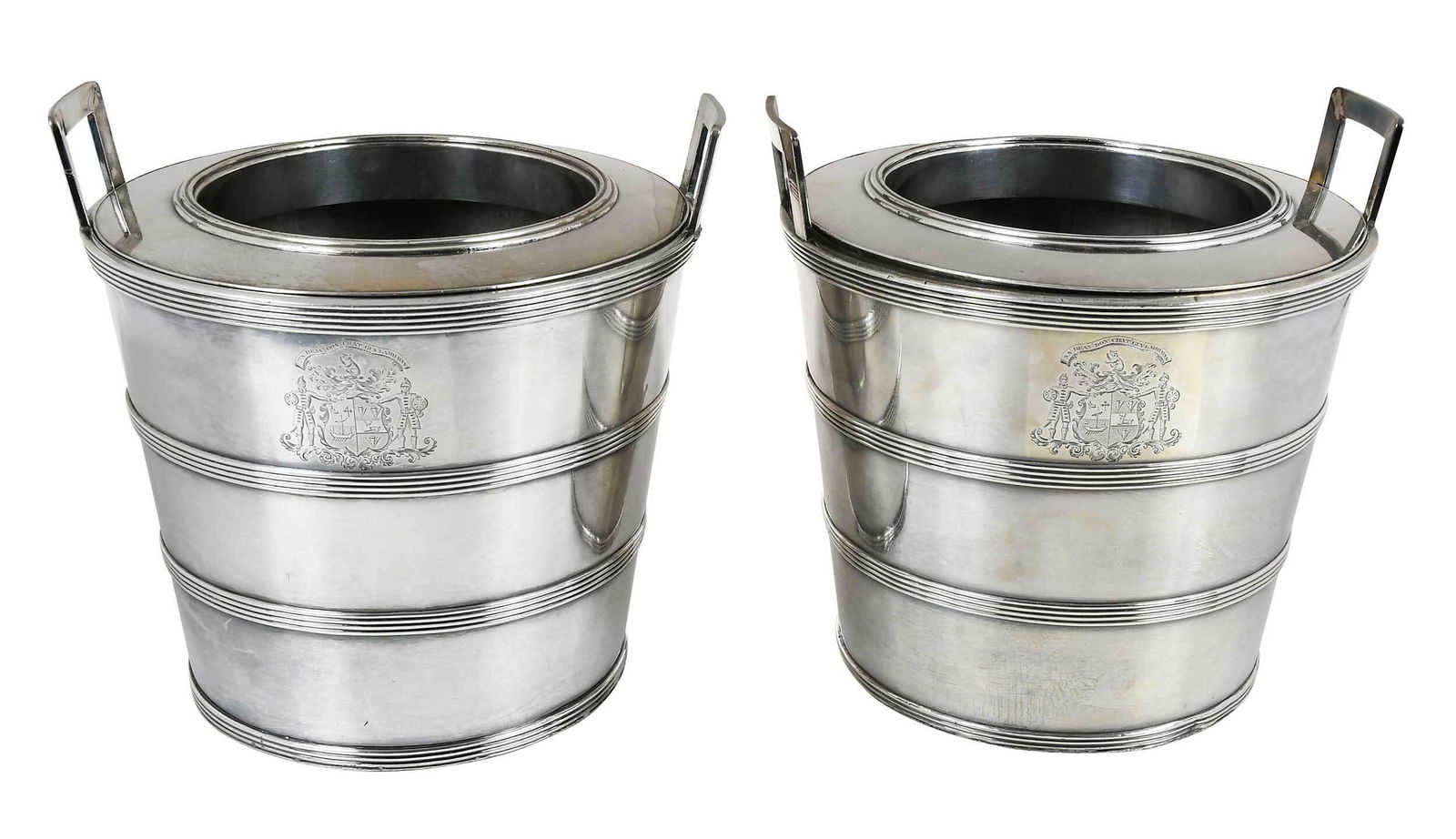 Pair of Old Sheffield Plate Wine Coolers: English, late 18th/early 19th century, bucket-shaped, reeded bands, square handles, let in shields with engraved with the coat-of-arms and motto of the MacPherson clan with motto on banner: "NA BEAN D
