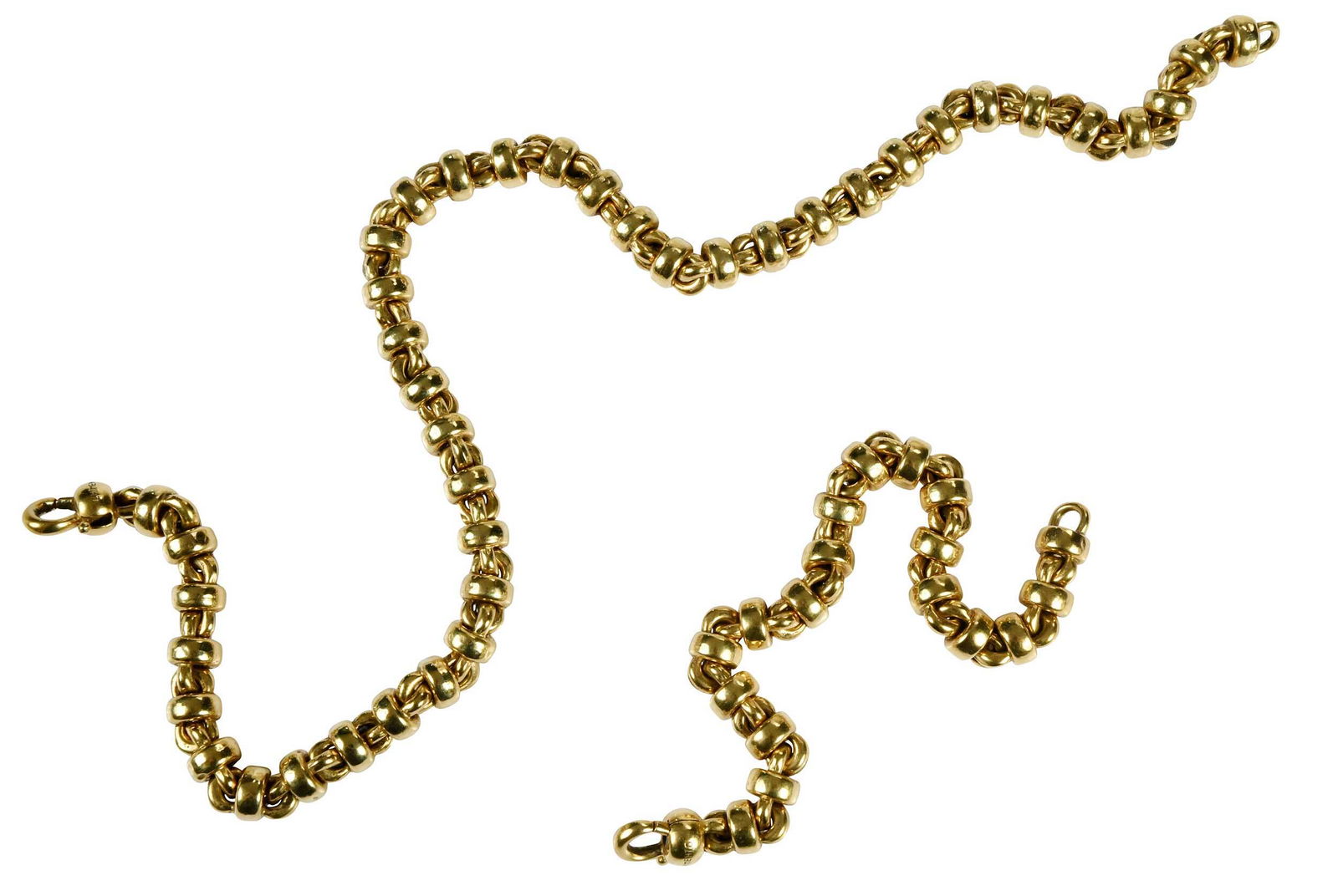 Chimento 18kt. Necklace and Bracelet Set: heavy link chain, both stamped "Chimento, 750, Mod. Dep", and with hallmark, both approx. 3/8 in. wide, necklace 17-3/4 in. lg., bracelet 8-1/2 in. lg., 104.5 grams Note: Brunk Auctions makes no warra