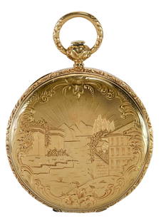 18kt. Pocket Watch: 46mm case, inside case stamped "21814", "AP, 21814, 1264", cuvette marked "French Morris & Co., London, No. 7264", movement not visibly marked, outside case tested 18kt. yellow gold, 2-1/2 x 1-3/4 in.