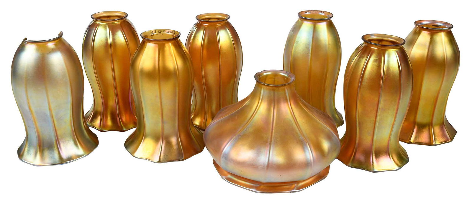 Eight Quezal and Steuben Iridescent Gold Glass Shades (1 of 7)
