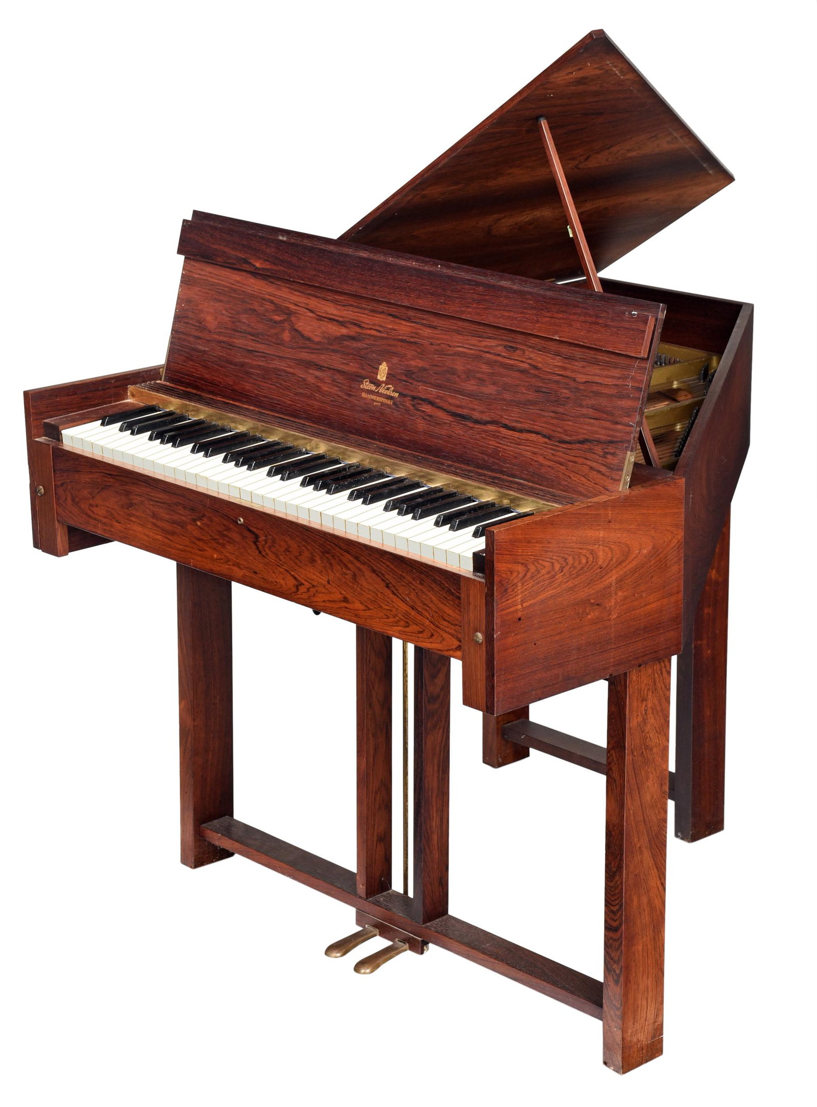 Steen Nielsen Mid Century Modern Rosewood Piano: Danish, 1960s, figured rosewood veneers, stenciled signature "Steen Nielsen Hammerspinet Patent", ivory keys, 31-1/2 x 38 x 45-1/2 in. Note: ?This lot contains animal or plant material that may be res