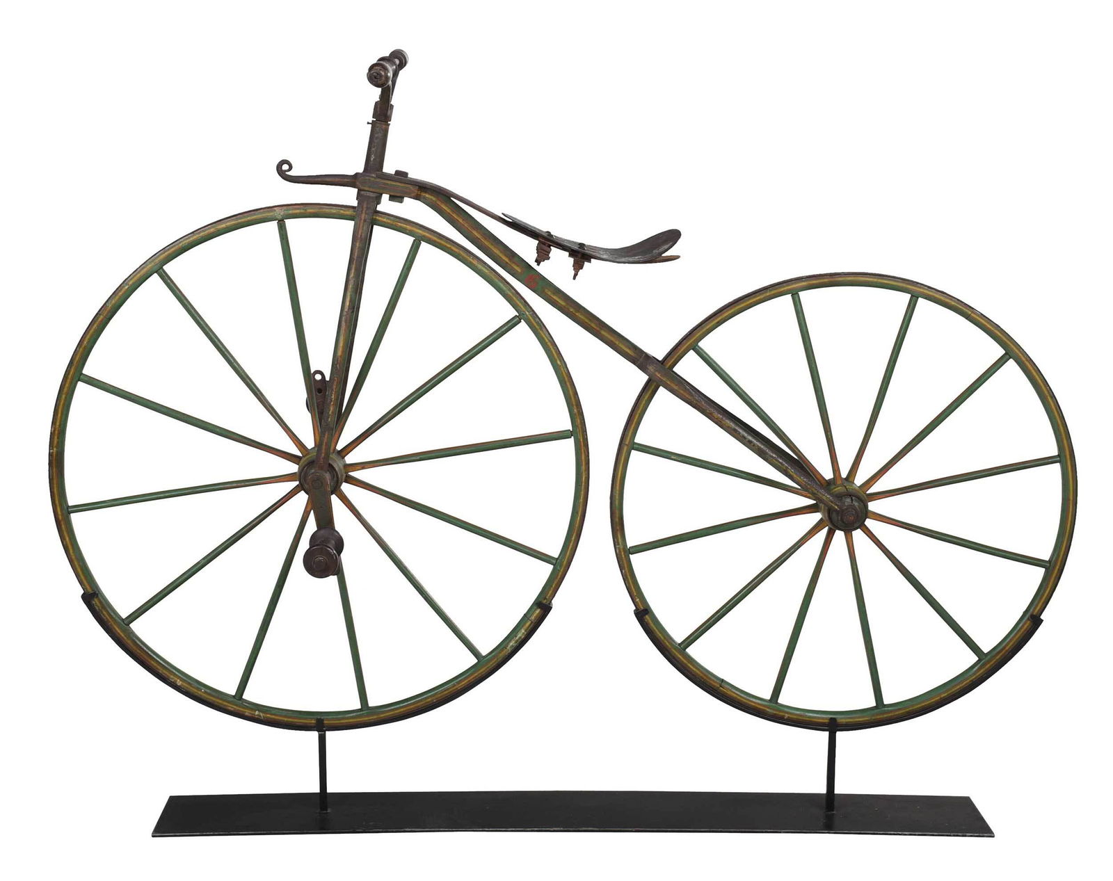 Early Folk Art Iron and Painted Wood Bicycle on Stand: 19th century, "Bone Shaker" with iron frame and seat, wooden hubs and spokes, retaining early green, red, and yellow paint, now mounted on modern black painted yellow stand, 52 x 68 x 17 in. (includin