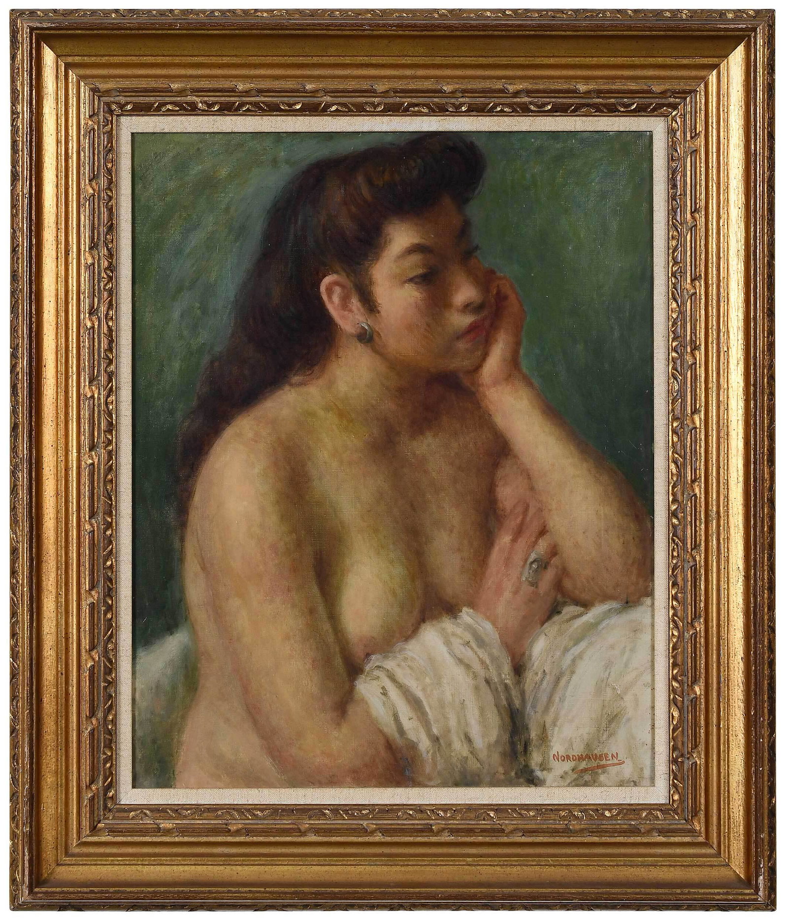 A. Henry Nordhausen: (American, 1901 - 1993) Natalia, Nude, signed lower right "Nordhausen", inscribed backing verso "Natalia (Chilean Nude)", oil on canvas, 20 x 16 in.; carved gilt wood and composition frame 26-3/4 x 22