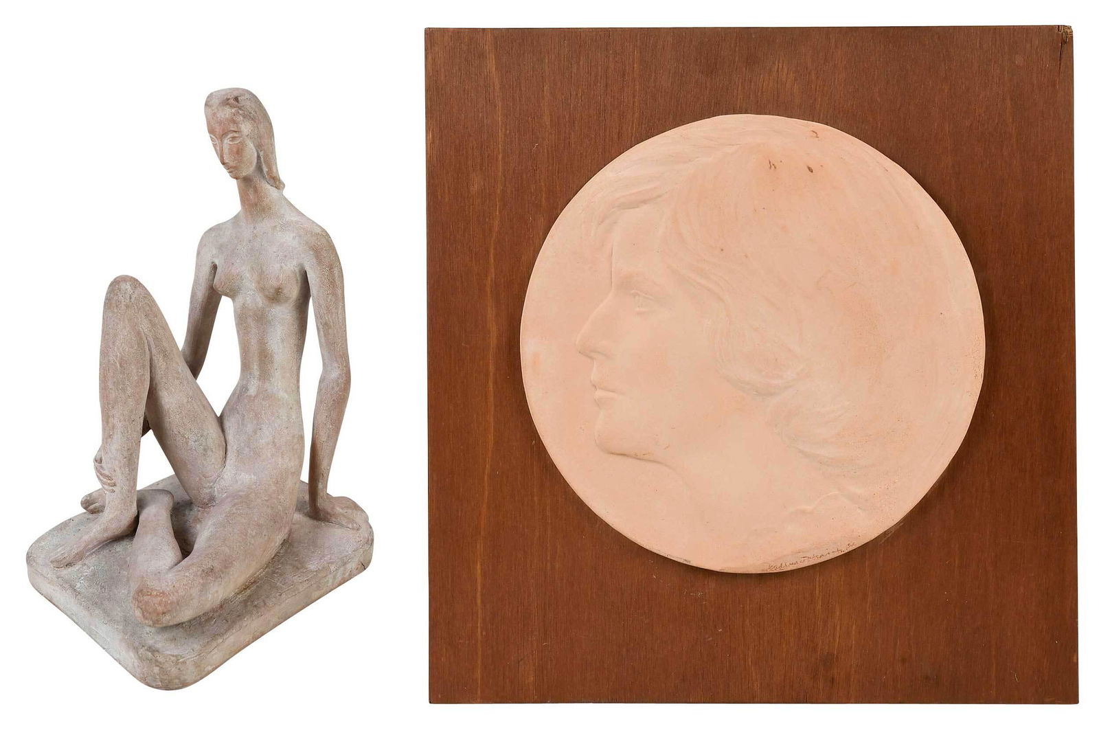Two Works by Willard Hirsch, Charleston: (American, 1905-1982) comprising a sculpture of a seated female nude, signed and dated "Willard Hirsch VOA? 1939", painted red earthenware, 12 in.; together with a relief rondel portrait of Laura Brag