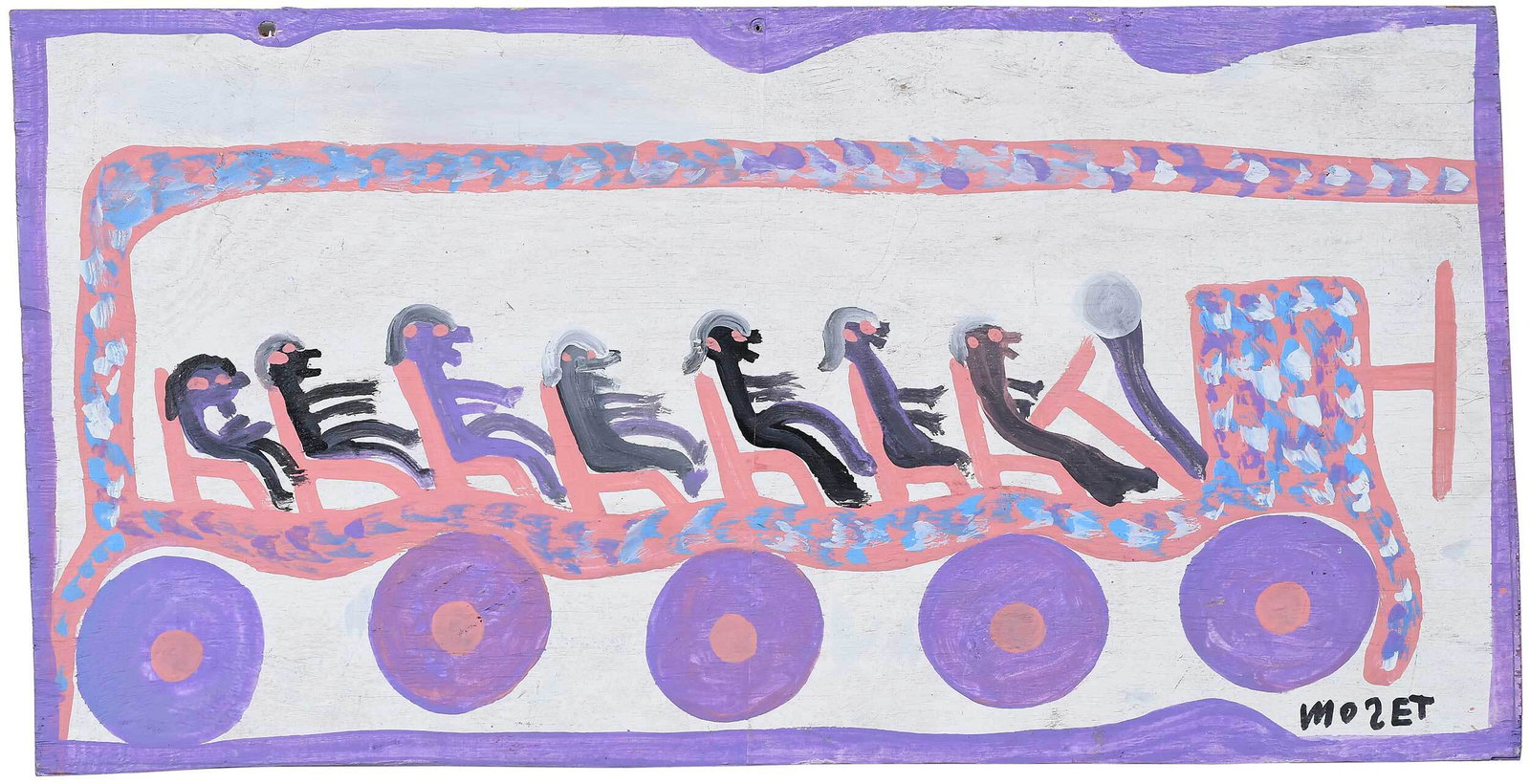 Mose Tolliver: (American/Alabama, 1918/20-2006) Freedom Bus After the Boycott (Montgomery Bus), 1985, signed lower right "MoseT", paint on board, 16-1/2 x 32 in.; unframed Provenance: Property from a Southern Collec