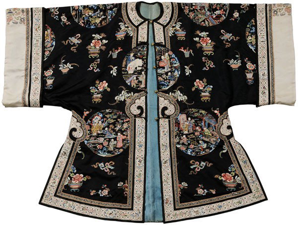 Navy-Ground Informal Robe: Chinese, 19th century, Peking knot borders and sleeve panels, split and satin stitch embroidery, twelve medallions illustrating the twenty-four Paragons of Filial Piety, scattered Hundred Antiques, fi