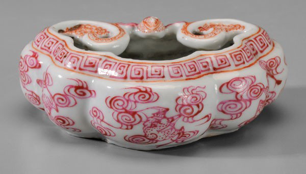 Pink-Enameled Porcelain Brush Washer: Chinese, early 20th century, [lingzhi] fungus form with molded bat, pink-enameled border of bats and clouds with iron-red accents on molded bat and areas at holes for brushes, base with pink four-char
