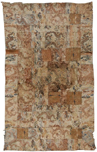 Buddhist Priest's Robe [Kesa]: Japanese, 19th/20th century, satin weave with supplementary brocade, silk and metallic thread, composed of rows and patches within a wide border, dragons within clouds, later gauze backing, 75-1/2 x 4