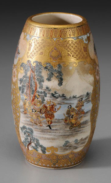 Satsuma Vase: Japanese, late 19th/early 20th century, earthenware, drum form, panels with armored soldiers at lake with Mt. Fuji in distance, court official and retinue visiting older official, smaller cartouches w