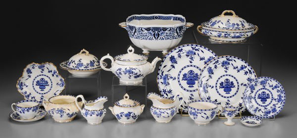 Set Mintons Delft Pattern China: English, late 19th and early 20th centuries, blue transfer ware with gilt highlights, with one Mintons Denmark pattern bowl, (99 pieces); detailed list available Provenance: By descent in the family o