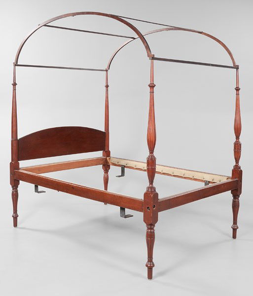 Federal Carved Canopy Bedstead: American, early 19th century, cherry with pine headboard and other mixed woods, turned and reeded foot posts, early reddish stain overall, inside measures 84-1/2 x 70-1/2 x 51-1/2 in., canopy frame an