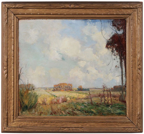 William Lester Stevens: (Massachusetts, 1888-1969), Autumn Landscape, signed lower left "W. Lester Stevens 1907", oil on fiber board, 17-5/8 x 19-1/2 in.; original carved wood frame, light grime; frame resurfaced, abrasions