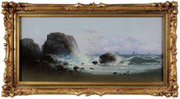 Clarence E. Braley: (Massaschusetts, 1854-1927), Rocky Coast, signed lower left "C. Braley", gouache on brown paper, 10-1/2 x 23-5/8 in.; gilt wood and composition frame, appears in good condition, not examined out of fr
