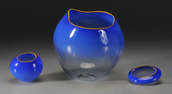 Dale Chihuly: (Washington, born 1941), Paris Blue Basket set, 2001, three pieces, signed on smallest piece and inscribed "PP01", blown glass, largest 7-1/2 x 9 x 8 in., smallest 1-1/2 x 4-1/4 x 4 in.; accompanied b