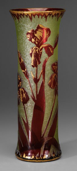 Cameo Iris Glass Vase: possibly French, early 20th century, ruby/cranberry flowers and leaves with gilt details against textured green ground, not signed, possibly Baccarat, 15-3/4 in., gilding wear, tiny chip to one leaf e
