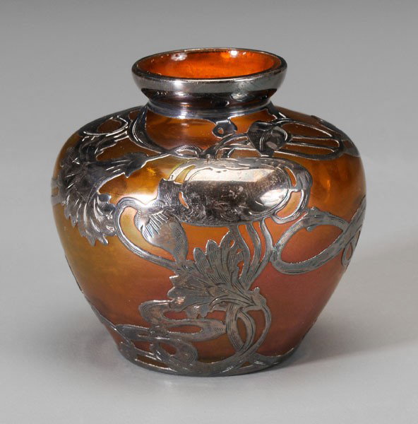 Silver Overlay Glass Vase: American or European, early 20th century, amber with iridescent highlights, sterling carnations, foliage, stems and blank cartouche, partial maker's mark, 2-5/8 x 2-1/2 in., slight oxidation, otherwis