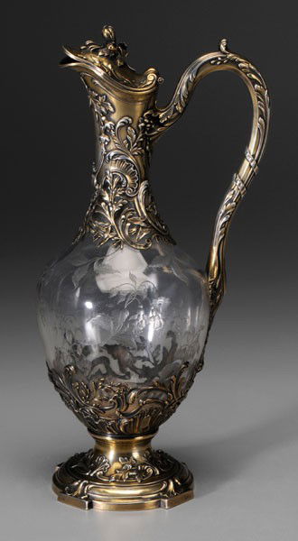 French Gilt Silver Ewer: French export, 1880-1903, etched glass body, silver mounts with scroll and foliate decoration and marks for Edmond Tetard, no monogram, .950 fine, 11-3/4 x 6 x 4-1/2 in., loss to decoration, some piec