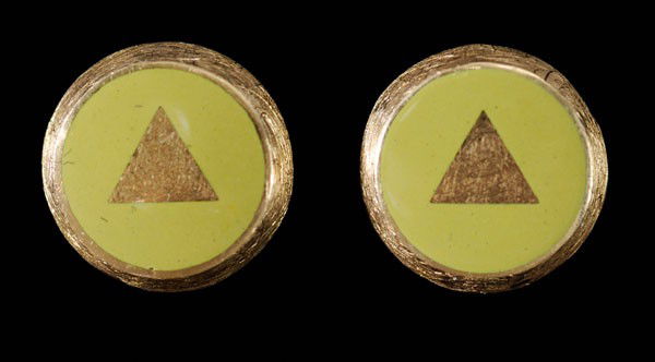 Pair Gold and Enamel Earrings: brushed round with raised central triangle embellished with green/yellow enamel, 23 kt. yellow gold mounts with marks for J. Kimmel & Co., pierced post closures, gross weight 6.3 grams, 3/8 in.; insur