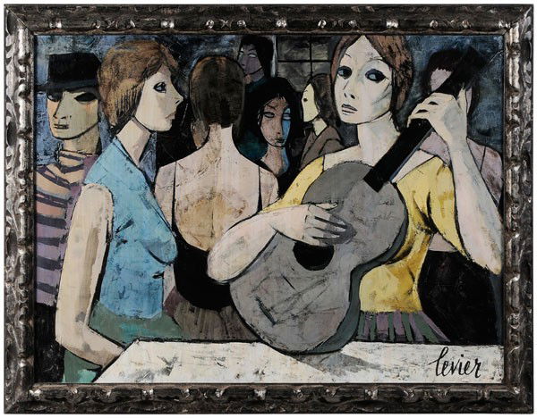 Charles Levier: (New York/France, 1920-2004), Woman With a Guitar, signed lower right "Levier", oil on canvas, 29-1/2 x 39-1/2 in.; carved and gilt silver frame, good condition; frame with abrasions Provenance: Priva