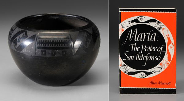 Maria Blackware Pot: Maria Martinez, San Ildefonso Pueblo, New Mexico, 1887-1980, rounded shoulder, band of repeating geometric elements, base signed "Marie", 5-1/2 x 6-3/4 in.; accompanied by book Alice Marriott, [Maria: