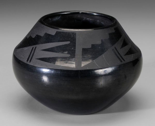 Maria Blackware Bowl: San Ildefonso Pueblo, New Mexico, circa 1941, polished blackware with stepped elements on a matte band, signed "Marie + Julian" (Maria [1886-1980] and Julian [1897-1943] Martinez), 5-1/8 x 7-1/4 in.,