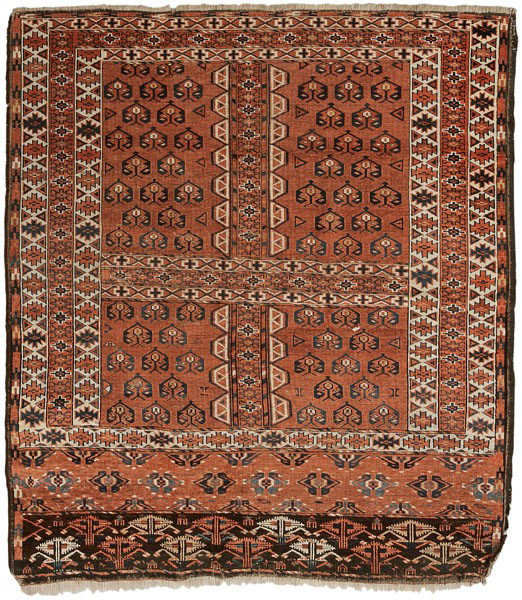 Turkmen Rug: Central Asia, early 20th century, four rectangular panels with geometric borders, 4 ft. 10 in. x 5 ft. 6 in., mostly lacking pile, corrosion with associated wear, crease wear, one corner with losses a