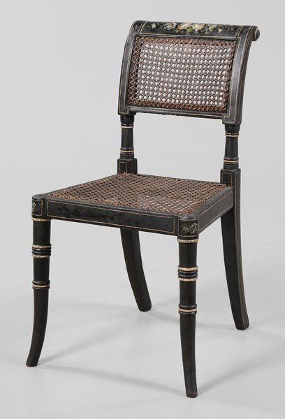 Sheraton Paint-Decorated Child's Chair: British, 19th century, cane back and seat, floral polychrome decoration on faux-painted rosewood ground, illegible stamped signature on underside of rear rail, 26-1/2 x 15 x 16-1/2 in., cracks to fron