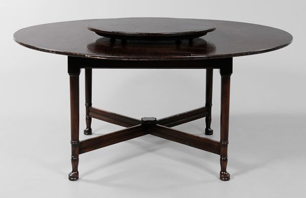 Queen Anne Style Dining Table: modern, oak throughout with circular top and turned legs with cross-stretchers, 30 x 66 x 65-1/2 in., with freestanding rotating lazy Susan, 3 x 30-1/4 x 30-1/4 in., excellent condition with very mino