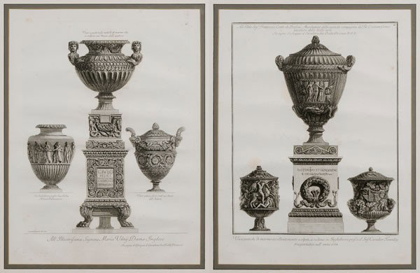 Giovanni Battista Piranesi: (Italian, 1720-1778), Two engravings: [All' Illustrissimo Signora Maria Vdny Dama Inglese,] Plate 28, 20-3/4 x 15-1/8 in. (plate), and [Vasi antichi di marmo eccellentemente scolpiti…,] Plate 45, 21