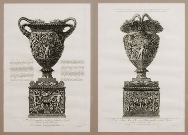 Giovanni Battista Piranesi: (Italian, 1720-1778), Two engravings: [Al Signor Guglielmo Patoun Cavaliere Inglese amatore delle belle arti,] Plate 15, 22-5/8 x 14-3/4 in. (plate), and [A Sua Eccellenza Monsigr. Giovanni Potenziani