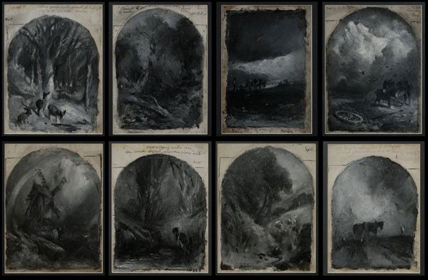 British School: (19th century), Eight landscapes: unsigned, in [grisaille] with inscriptions including both prose and months of the year, oil on artist board, 8-1/4 x 6-1/4 in.; matching modern metal frames, light ha