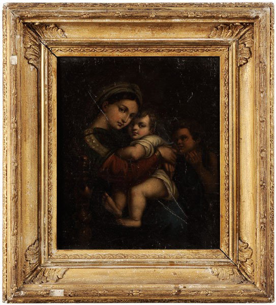 After Raphael (1483-1520): (19th century), [Madonna della Sedia,] unsigned, oil on canvas, old hand-inscribed label verso, 11-3/8 x 9-3/4 in.; original gilt wood and composition frame, points of retouch throughout, crackle, cup