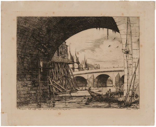 Charles Meryon: (French, 1821-1868), [L'Arche du Pont Notre Dame,] 1853, from the series [Eaux-Fortes Sur Paris,] IV and VII, "25 Deltiel; 28 Schneiderman", etching on cream wove paper (possibly J. Whatman), 6 x 7-6/