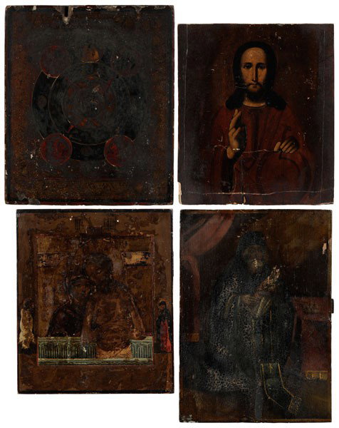 Four Russian Icons: (19th century), The All-Seeing Eye of God, tempera on panel, 12-1/8 x 10-3/8 in., [darkened and uneven varnish, 1 in. loss to panel;] Saint or Patriarch, tempera on panel, 13-7/8 x 10 in., [uneven and