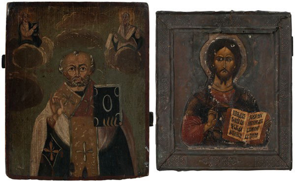 Two Russian Icons: (18th and 19th century), The Lord Almighty, with metal oklad, oil on panel, 19th century, 12-1/4 x 10-1/2 in., [damage to oklad, lacking nimbus, convex panel with two battens;] Saint Nicholas, late 18