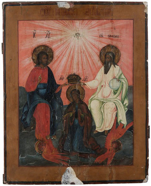 Russian Icon: (mid 19th century), Trinity Crowning the Mother of God, tempera on panel, 20-3/4 x 16-1/4 in., loss to gesso, convex panel with splits, retouch, crackle, cupping, cleavage, flaking, abrasions, grime,