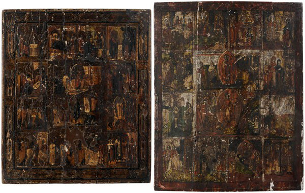 Two Russian Icons: (19th century), The Anastasis Surrounded by Twelve Festival Scenes, one oil on panel, 12-1/4 x 10-3/8 in., [splits in panel, darkened varnish, lacking two battens verso;] one tempera on panel, 18-1/2 